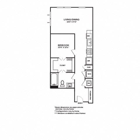 Floor plan for 1 bed, 1 bath, 648 sqft
